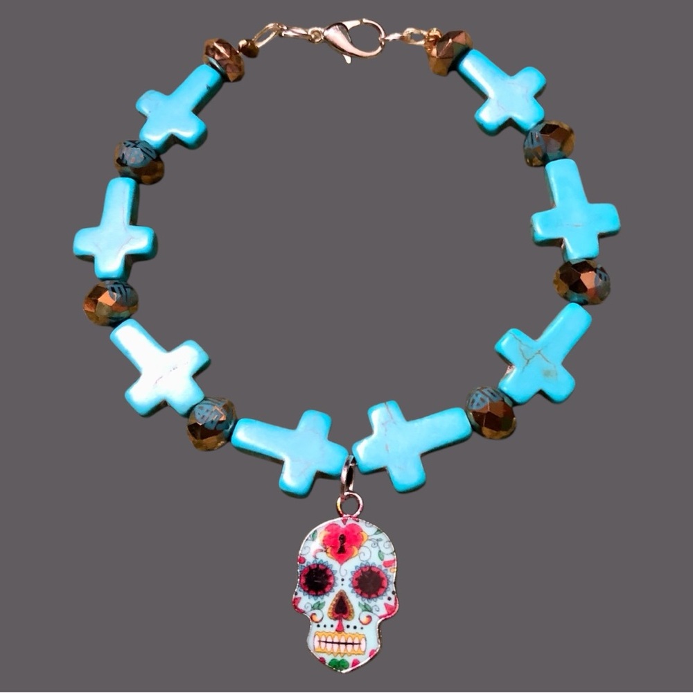 Turquoise Cross and Skull Pendant Necklace